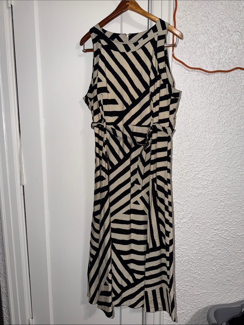 Karl Lagerfeld Black and Cream Geometric Midi Dress with Waist Tie